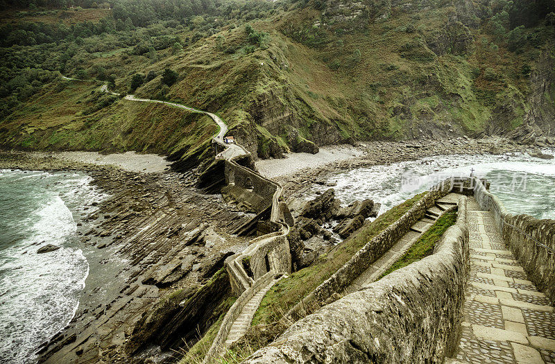 全景楼梯在圣胡安de Gaztelugatxe，巴斯克国家，西班牙